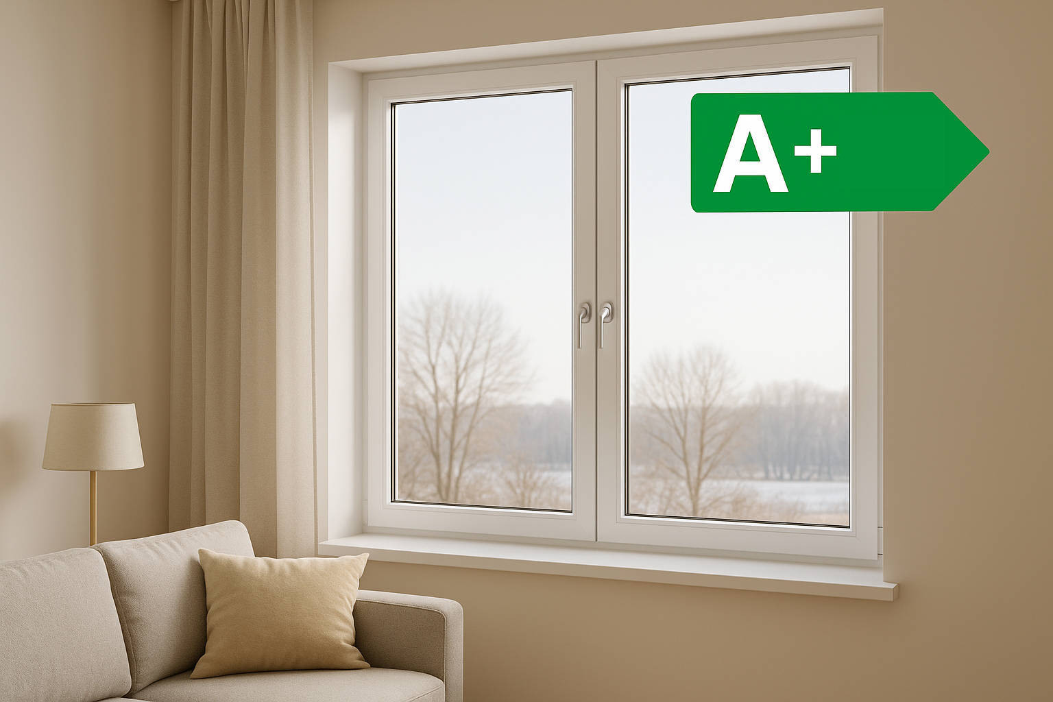 Finestra a due ante ad alta efficienza energetica A+++ installata in un soggiorno moderno, con vista invernale esterna e telaio isolante.