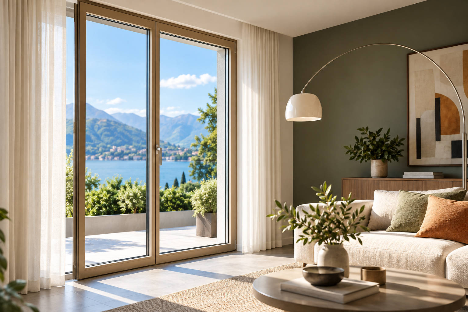 Portafinestra dal design minimale con profili sottili color bronzo, installata in un soggiorno moderno e luminoso con vista panoramica