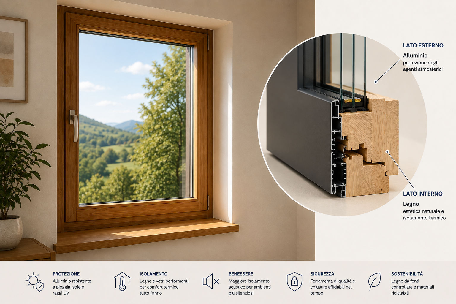 Dettaglio di finestra ibrida legno-alluminio con struttura interna in legno, rivestimento esterno in alluminio e vetrocamera isolante