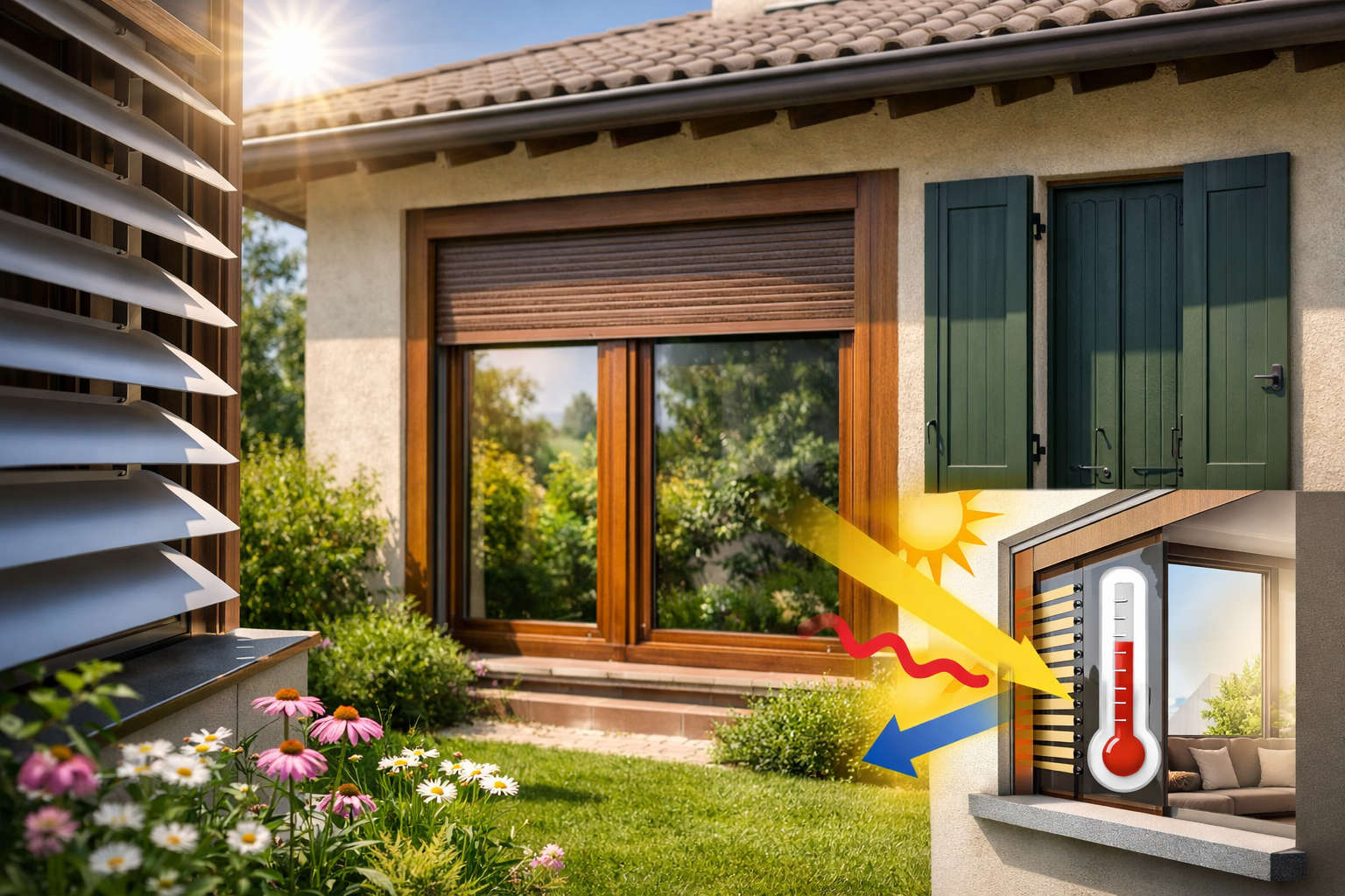 Sistema di oscuranti esterni su abitazione moderna per ridurre il calore solare e migliorare l’efficienza energetica
