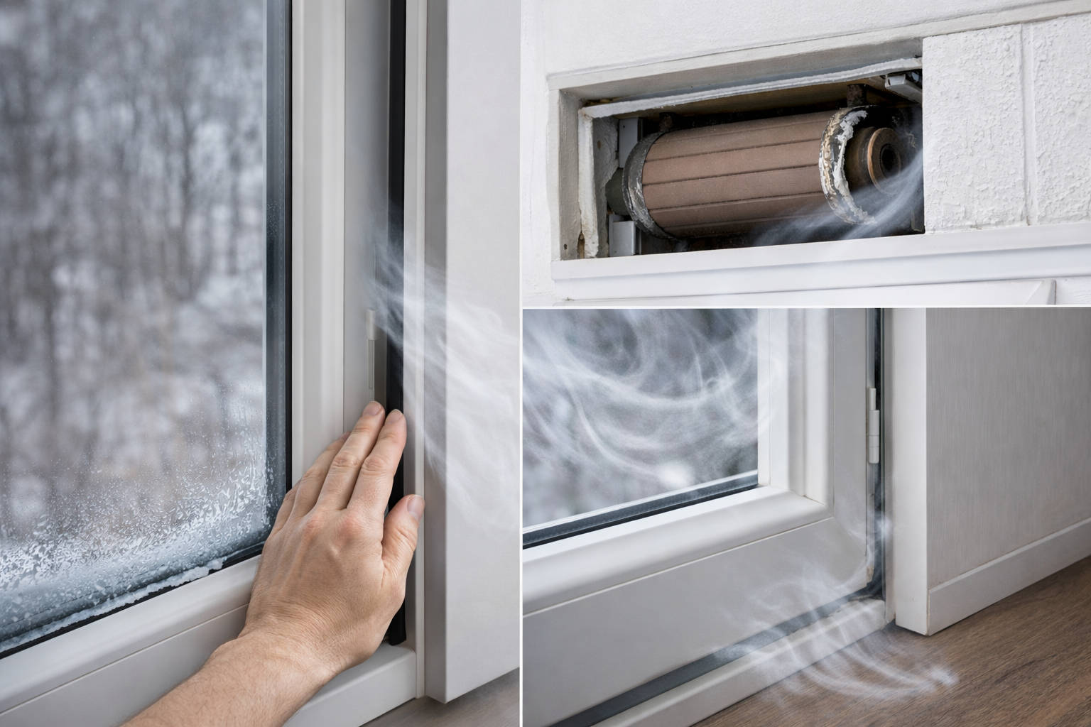 Spifferi e dispersioni di calore da finestra in inverno: aria fredda che entra da guarnizioni, cassonetto della tapparella e giunto inferiore del serramento